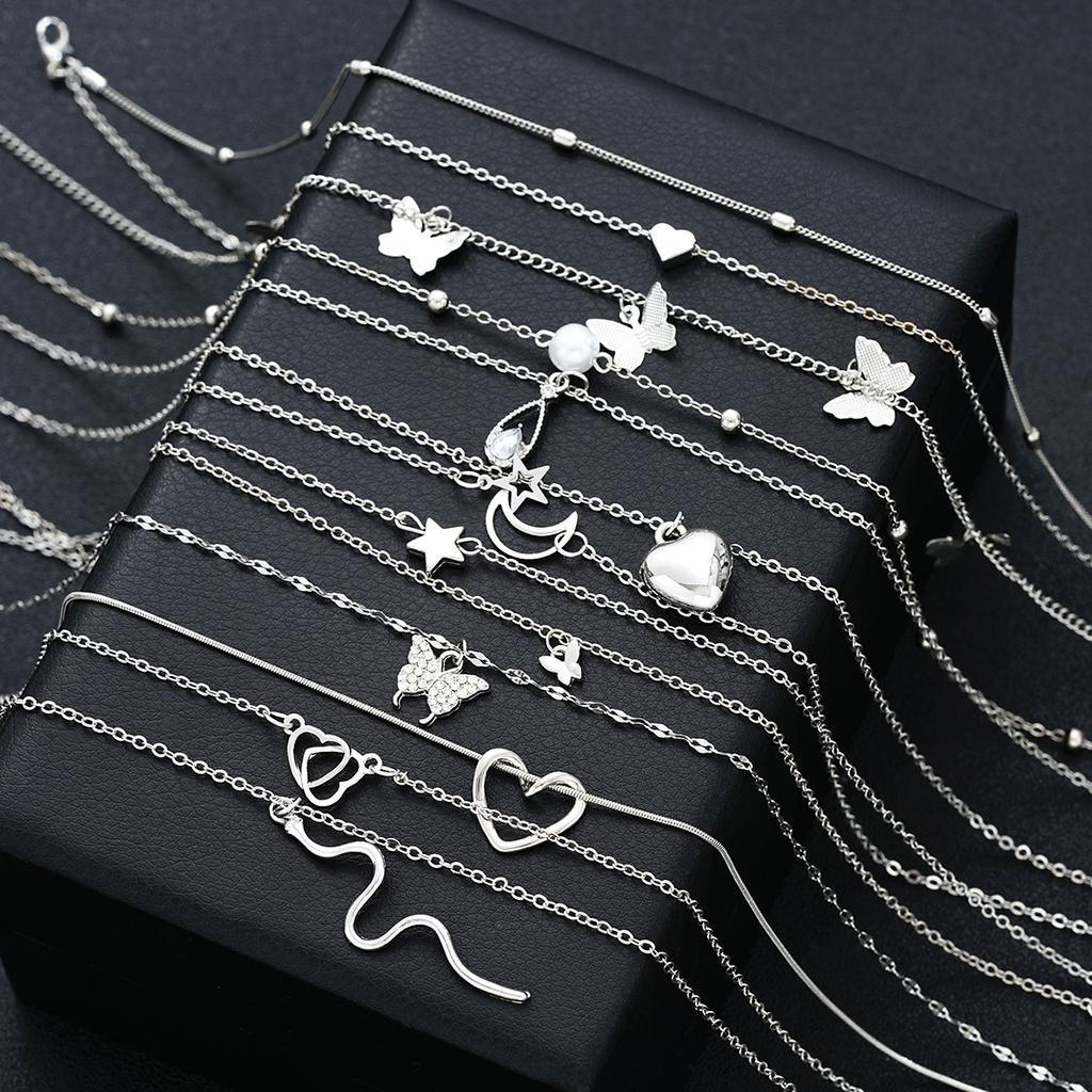 12 Pcs Heart Pendant Necklaces Set for Women Simple Butterfly Star Moon Heart Design Pearl Necklace Daily Vacation Wear Jewelry
