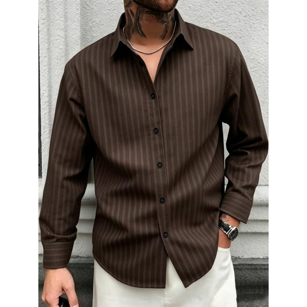 Men's Slim Vertical Striped Long Sleeved Shirt, Loose Collared Casual Shirt, Simple and Versatile Men's Top for Daily Commuting