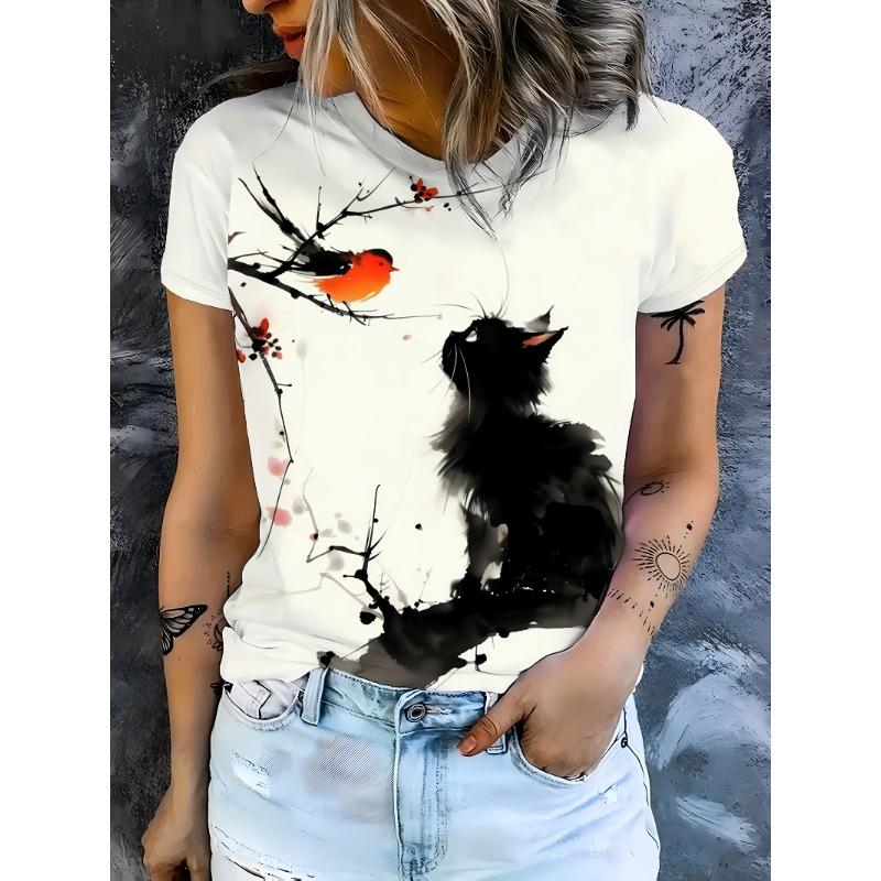 

Ink wash cat and bird print short sleeved shirt S
