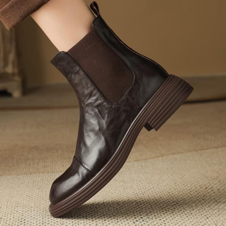 British Style Retro Sheepskin Short Boots Women's Autumn and Winter New Versatile Soft Leather Thick Middle Heel Chelsea Boots Martin Boots Black