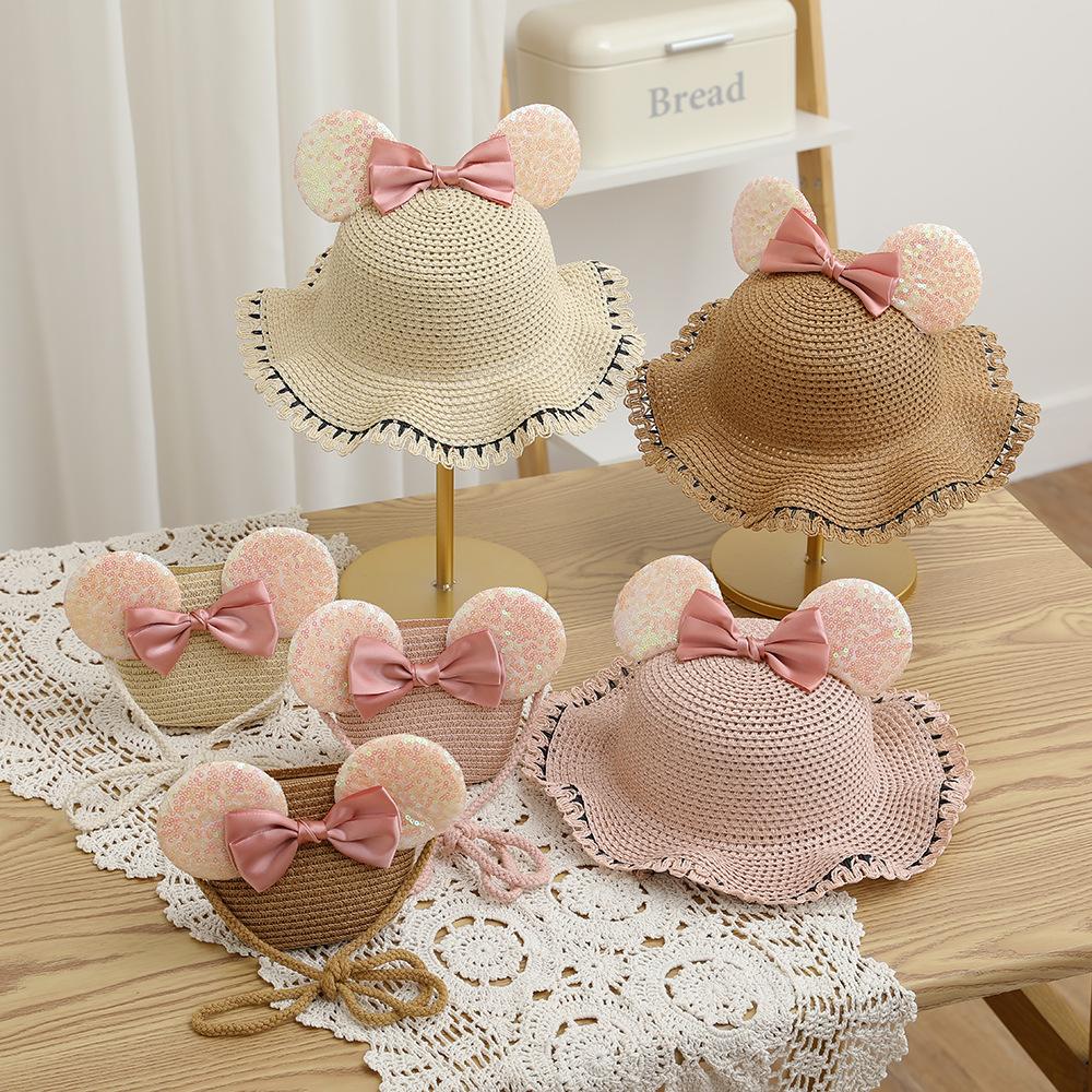 New Arrival Straw Hat And Bag Set For Girls Kids Fashion Summer Bow Lovely Princess Sun Cap Outdoor Cartoon Beach Waved Hats
