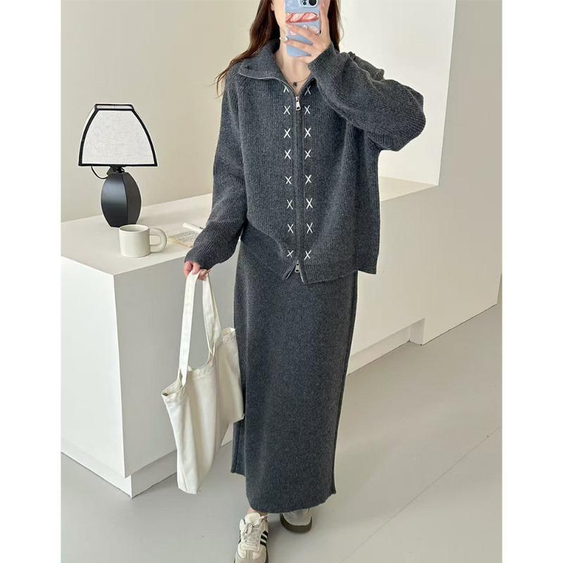 

Женский костюм свитером на лацканах с двойной молнией, новый осенне-зимний ленивый комплект из двух предметов: вязаный кардиган и юбка миди-макси. One size серый