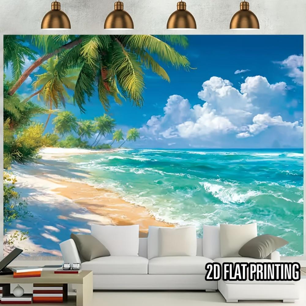 2D Plane, with a Background of Coconut Trees, Blue Sky, White Clouds and a Beautiful Ocean, Made of Polyester Fiber