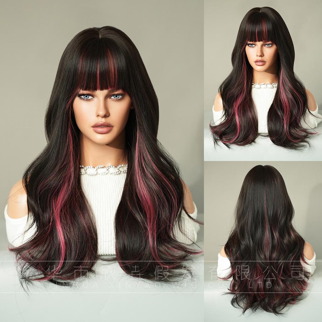 European American Women's Wig Black Dyed Red Bangs Full Head Hairstyle Big Wave Long Roll Lolita
