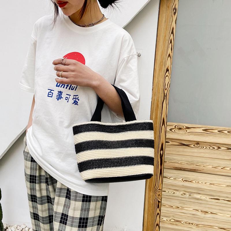 Summer Stripe Straw Bag Dam Casual Liten Väven Handväska Stor kapacitet Handgjord Strandrotting Tygväska