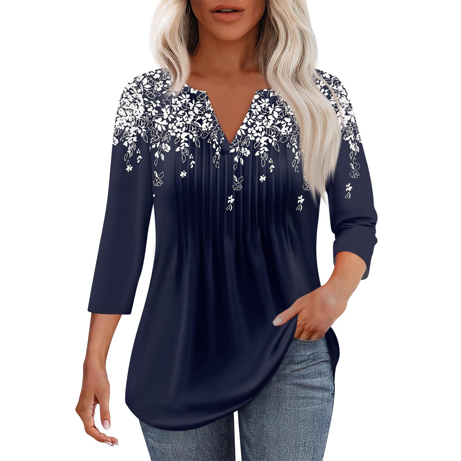 

Женская модная повседневная плиссированная футболка с V-образным вырезом и рукавом семь четвертей XXXL тёмно-синий