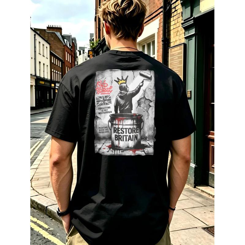 Men'S T-Shirt Restore Britain T-Shirt Paint Bucket Crowned Painter Figure Cracked Wall Union Jack Signs And Gritty Protest Mural Style