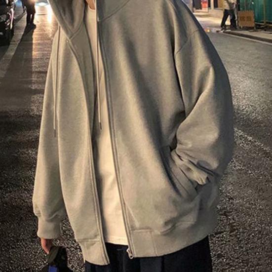 Men Hooded Jacket Zip-up Loose Sweatshirt Jacket Solid Color Casual