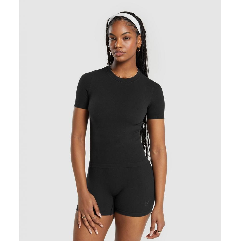 

GYMSHARK Бесшовная хлопковая футболка в рубчик, черная B8A6C BB2J XXL