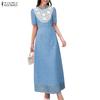 ZANZEA Women Casual Round Neck Short Sleeve Summer Lace Patchwork Long Dress