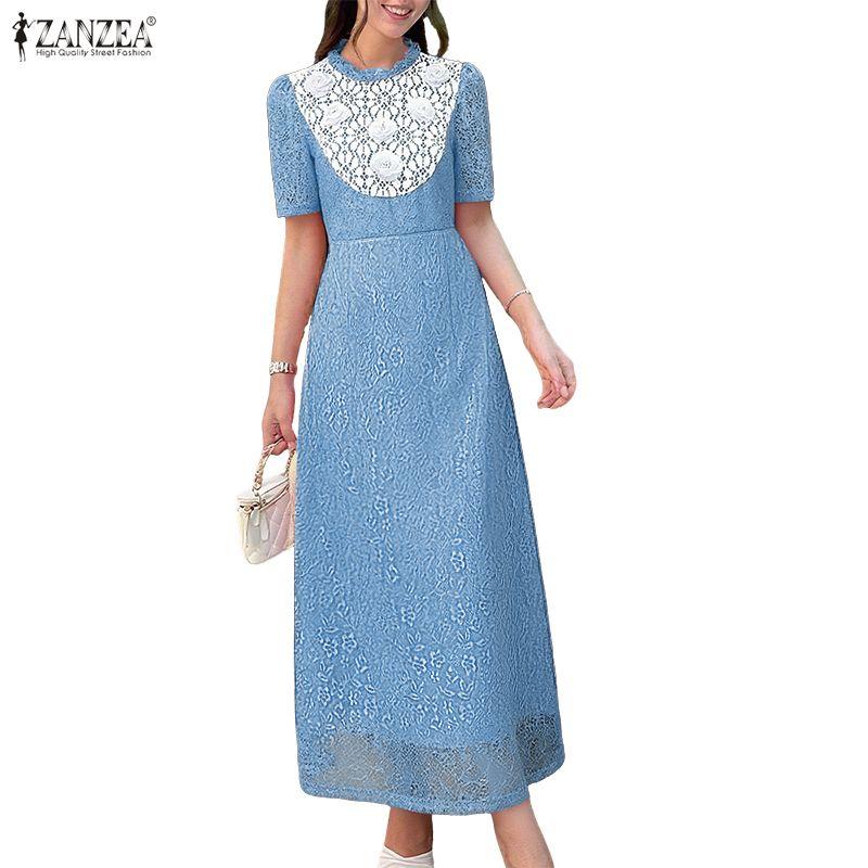 ZANZEA Women Casual Round Neck Short Sleeve Summer Lace Patchwork Long Dress