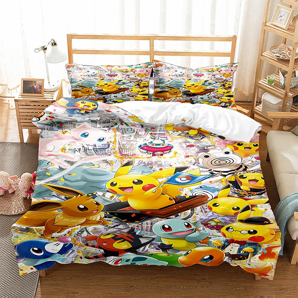 3D Digital Printing Quilt Cover Pillowcase Bedding Cartoon Pikachu Three-Piece Set Home Textile Four-Piece Set Grinding