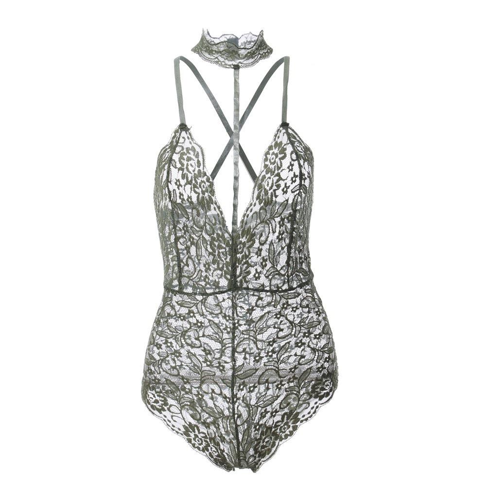 Sexy Woman Underwear Black Floral Lace Sleepwear Choker V-Neck Bodysuit Playsuits Female Costumes Sexy Lingerie Set