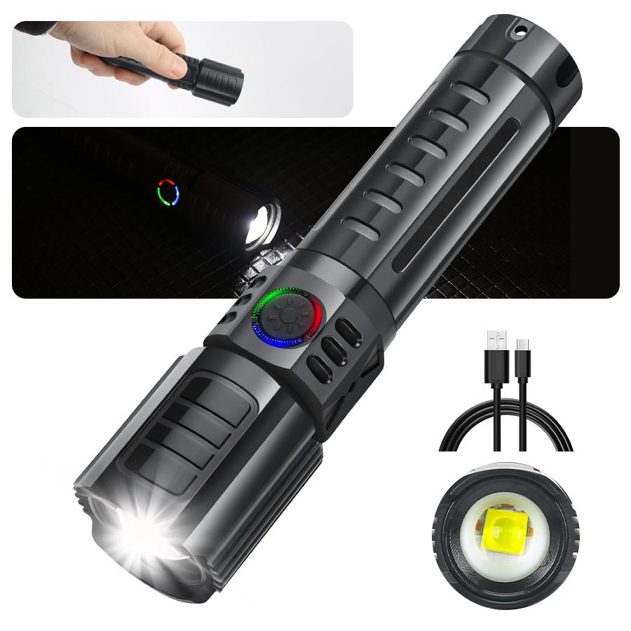 High Strong Power Led Flashlights 1000LM Tactical Torch with Display Light USB C Charging Camping Fishing Defensa Zoom Lantern