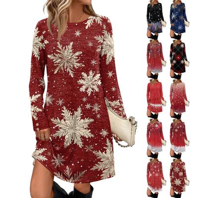 Cepli, Dekoratif Düğmeli, Noel Baskılı, Yuvarlak Yaka ve Uzun Kollu Kadın Moda Günlük Elbise