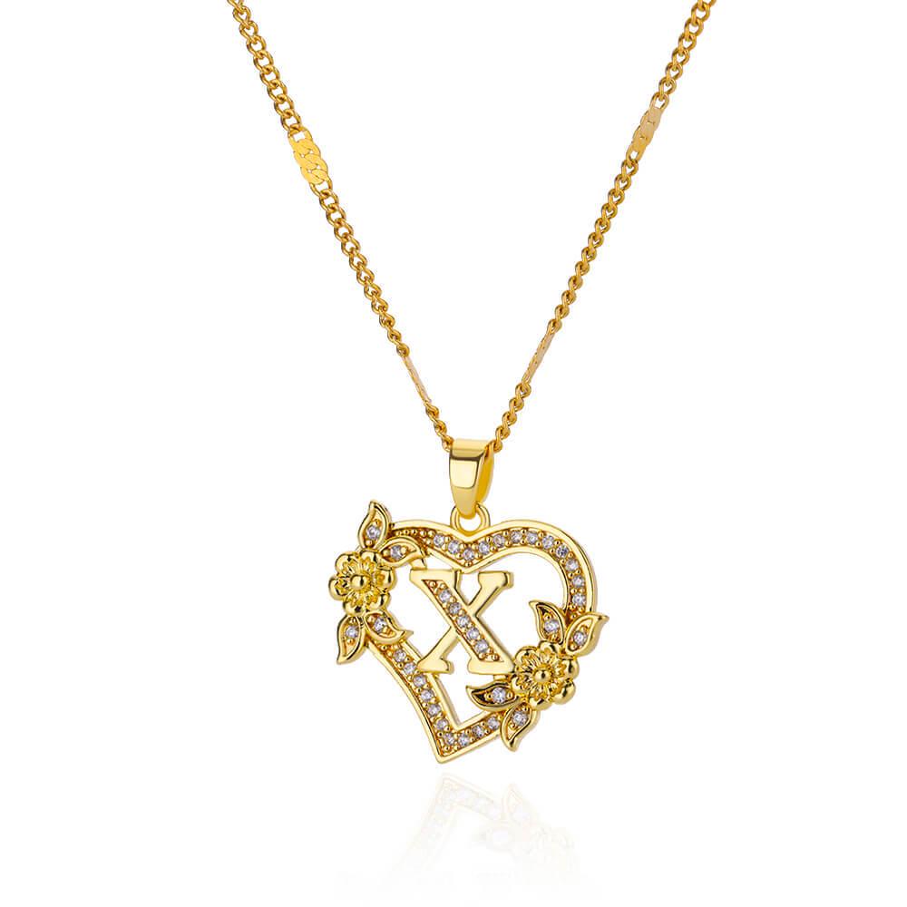 Rhinestone Heart & Flower Initial Pendant Necklace