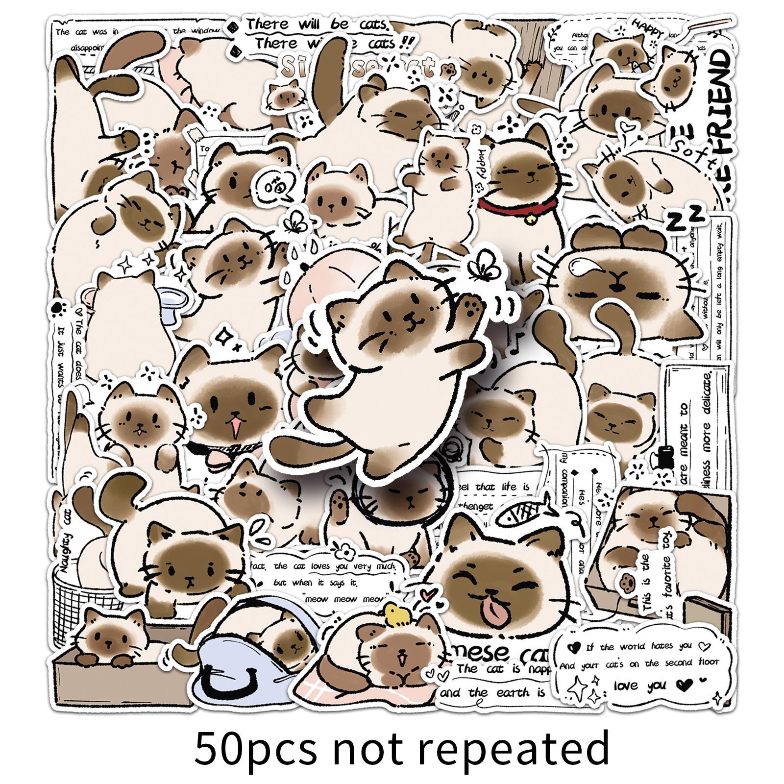 

50 Pictures of Siamese Cat Daily Cartoon Stickers Cute Hand-drawn Korean Creative Decorative Mobile Phone Case Tablet Stickers