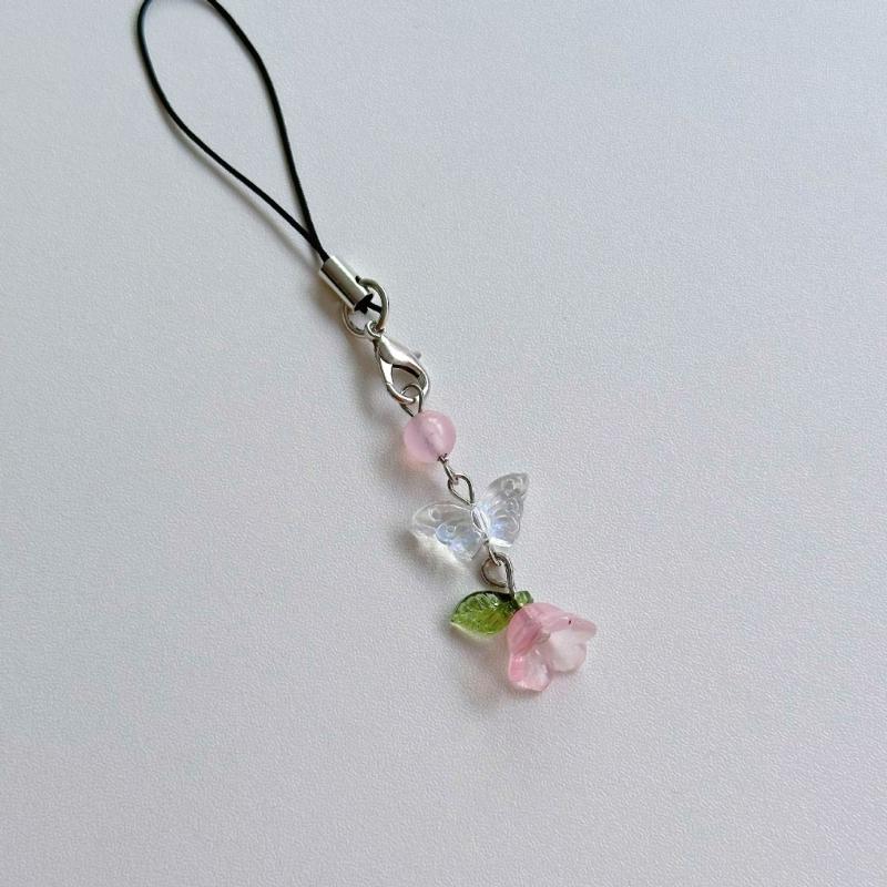 Ręcznie robiony łańcuszek do telefonu z koralików kwiat i motyl zawieszka do telefonu komórkowego kolorowy brelok wisiorek dodatek do telefonu komórkowego