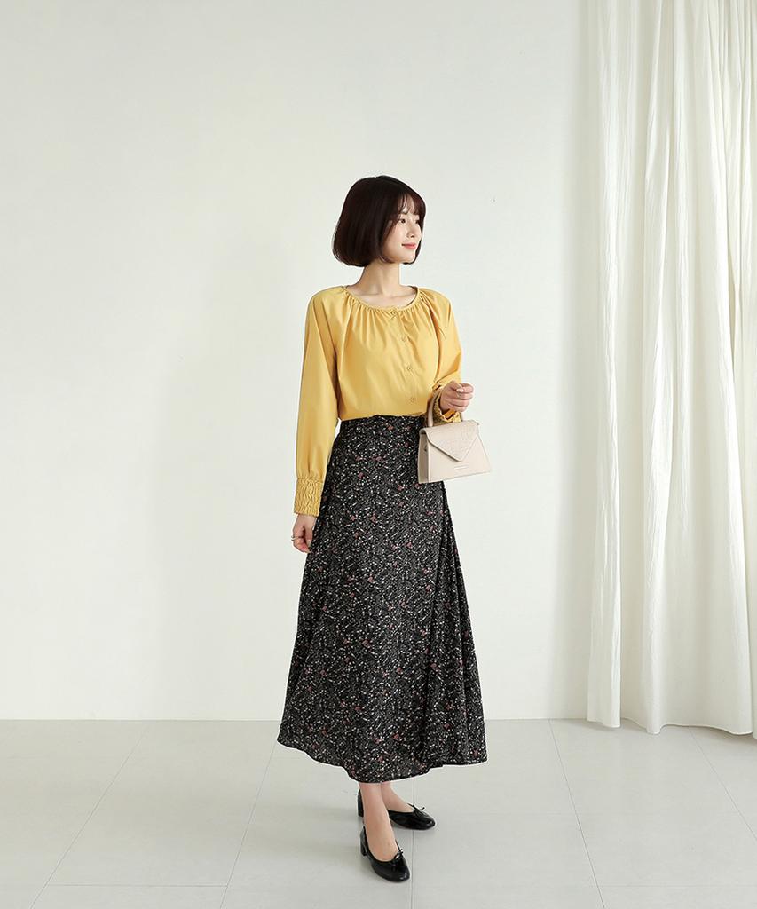 Ppaeppae Small Flower Back Elastic Waist A-Line Long Skirt