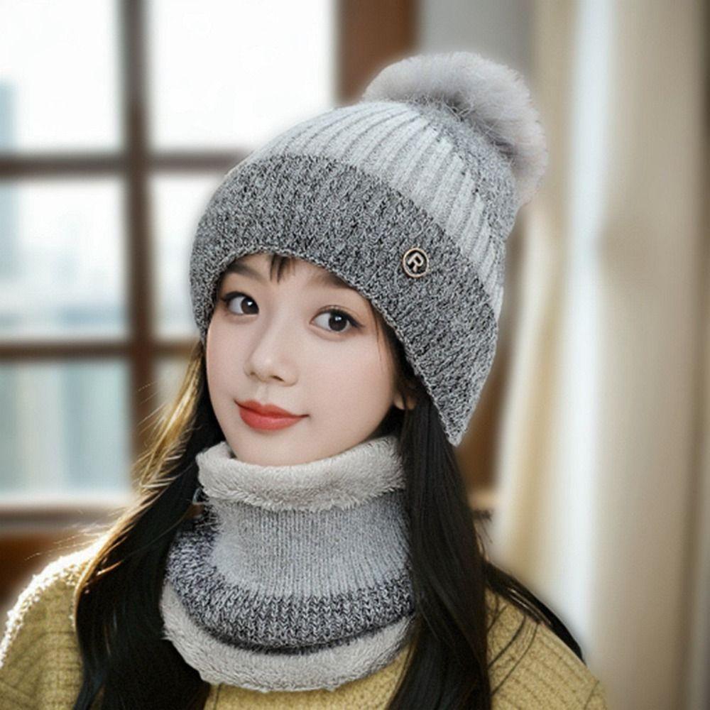 Plush Ball Cap and Scarf Suit Contrast Color Beanie Hat Personality Compact Scarf  Women