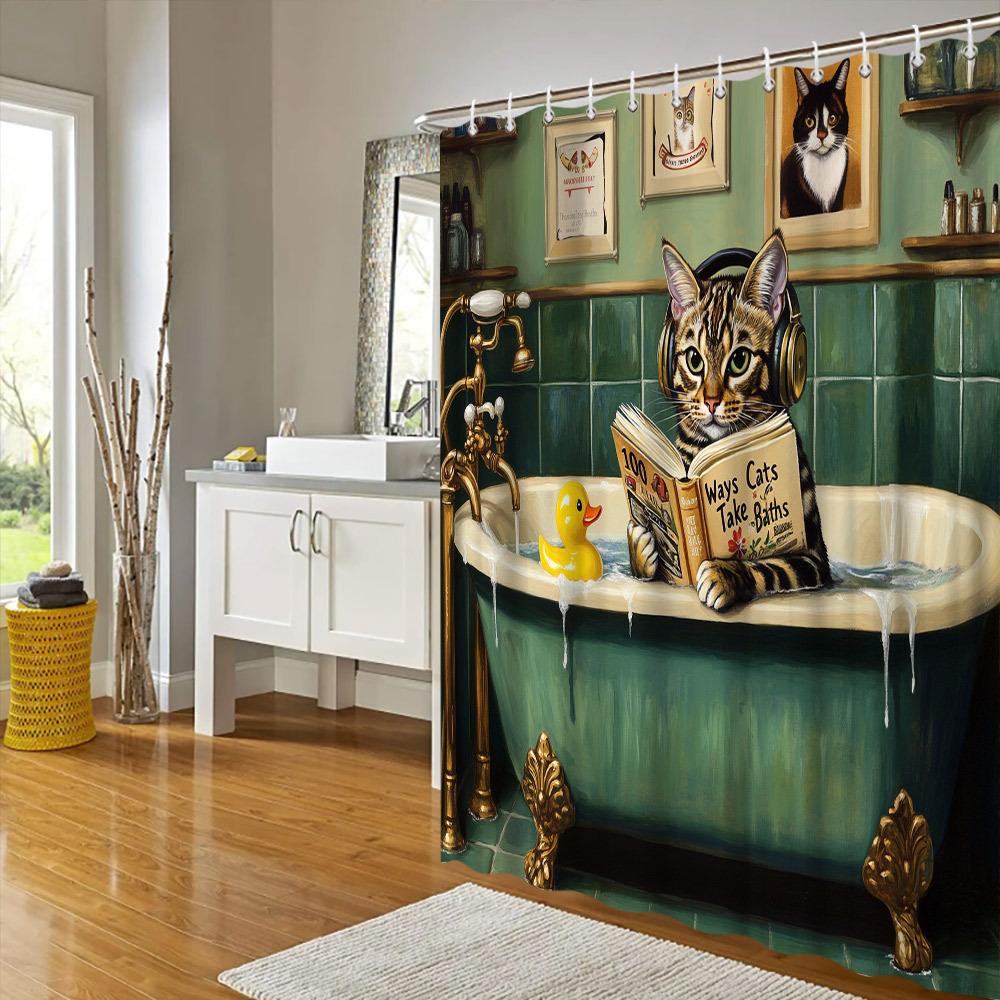 Cute Cat Reading in Bathtub Waterproof Shower Curtain for Modern Bathroom Decor, Stylish and Durable, Perfect for Home Use