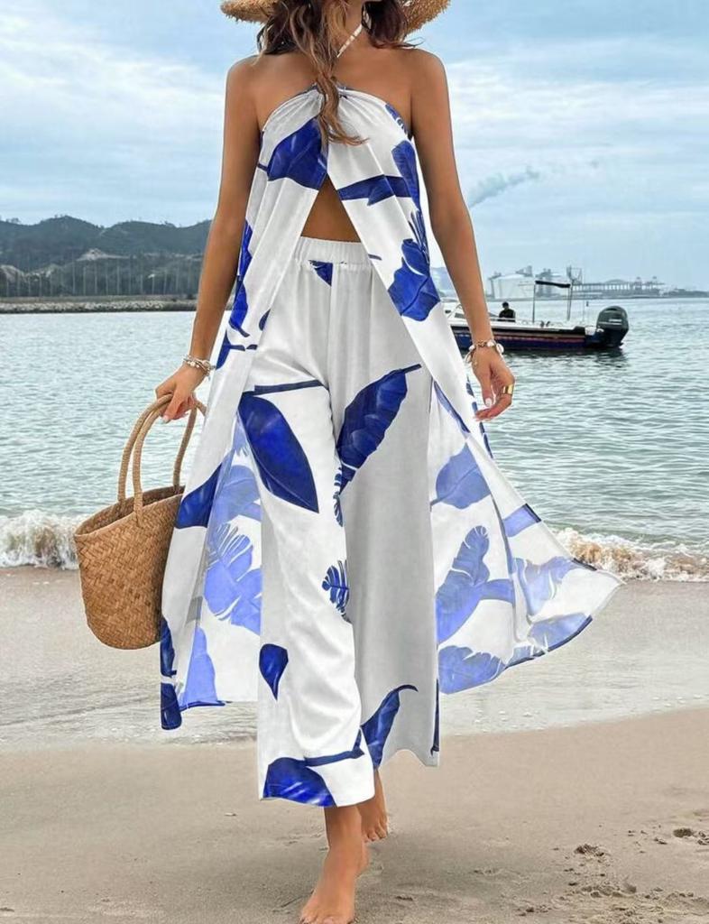 Cross-border Amazon 2025 Summer New Printed Sexy Long Halter-neck Top Set Casual Straight-Leg Pants