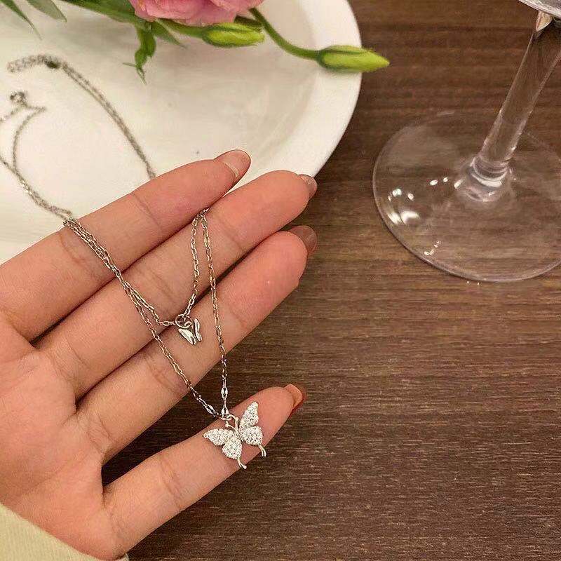 New Shiny Silver Butterfly Necklace Exquisite Double Layer Clavicle Chain Fashion Jewelry Gift for Women