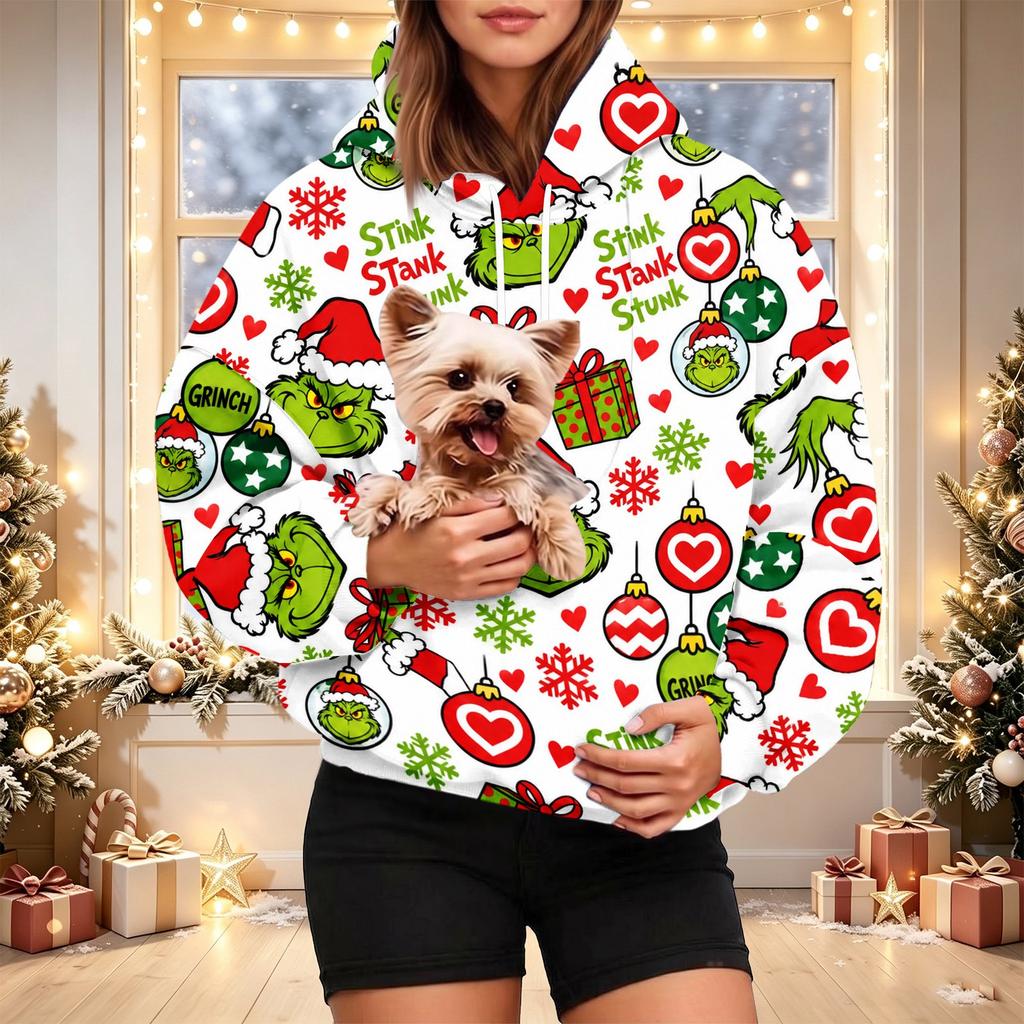Damen Weihnachts-Print Kapuzenpullover mit Haustier-Tasche, Lässiger Feiertags-Pullover