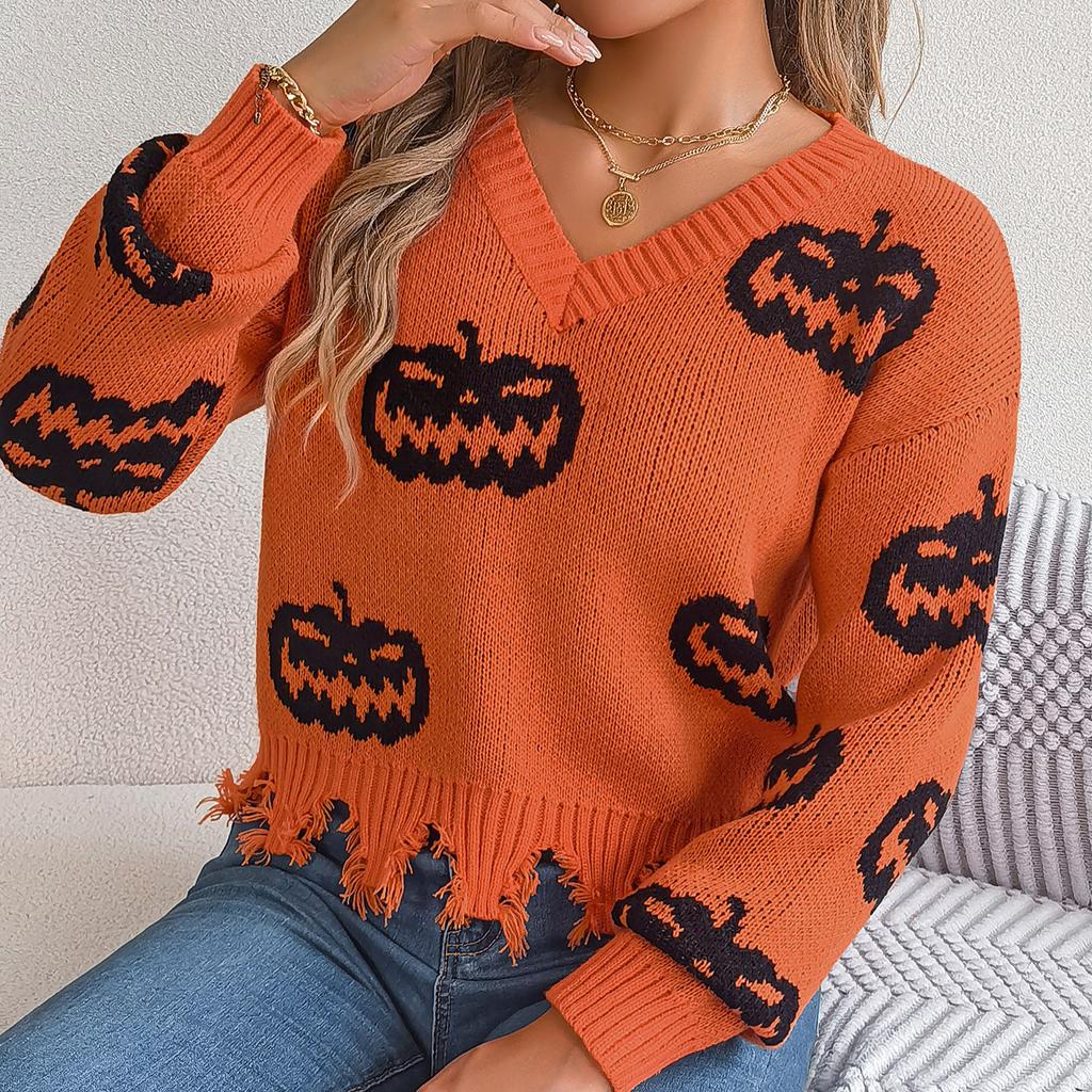QICED Autumn Winter Halloween Color-blocking Pumpkin Cut-up Long-sleeved Pullover Sweater Women's Clothing