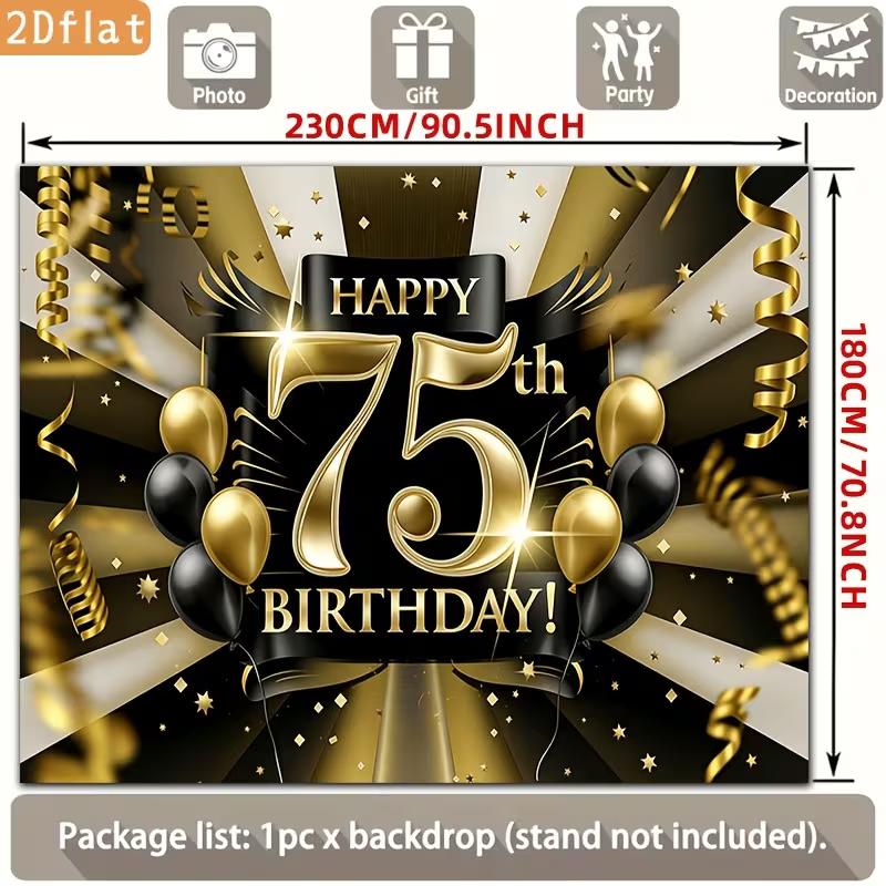 Sfondo 2D per 75° Compleanno Palloncini Oro Nero & Festoni Sfondo Photo Booth Festa