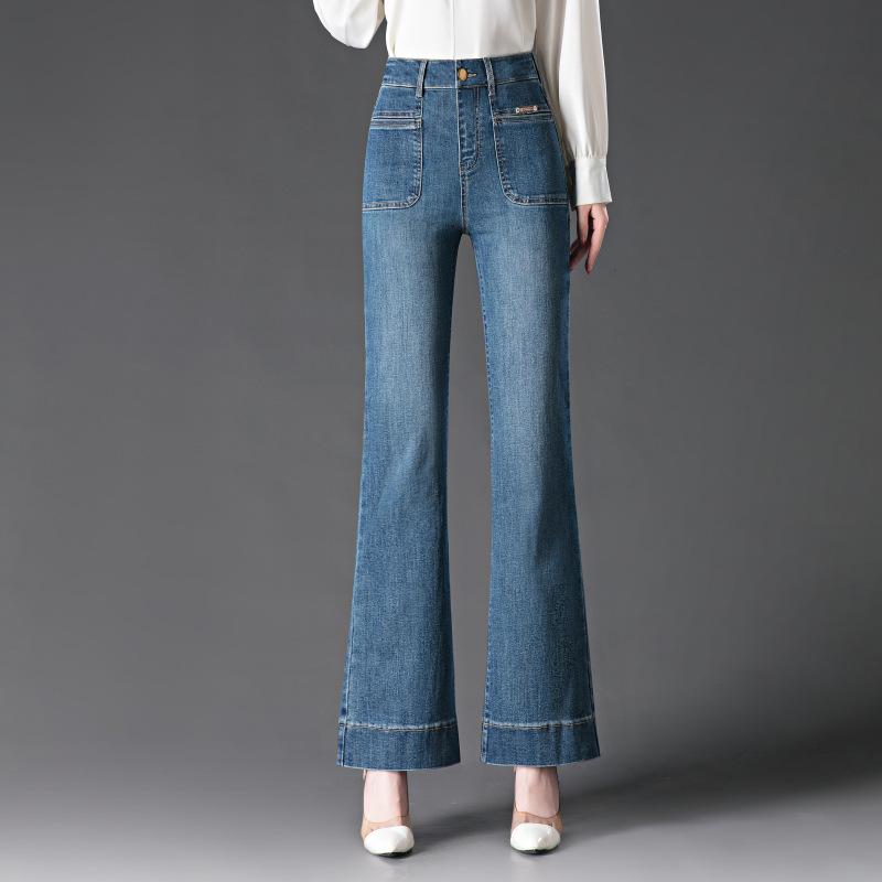 

2025 Мамины ретро-синие джинсы клеш с завышенной талией, облегающего кроя, с микроклешем и повседневными прямыми штанинами 33 (145-155 jin)