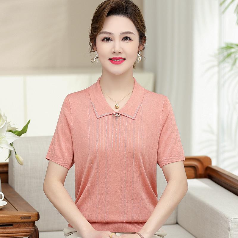 Elegante Stricktops in Übergröße aus Eis-Seide für Mütter - Kurzarm-Sommer-T-Shirts für stilvolle Frauen mittleren Alters