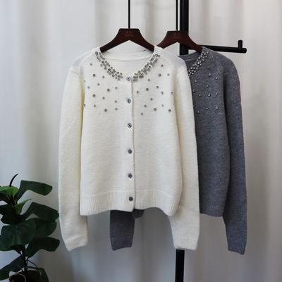 Schwerindustrie diamantbesetztes Design Pulloverjacke Herbst und Winter neu Rundhals Temperament einreihig gestrickte Strickjacke Damen