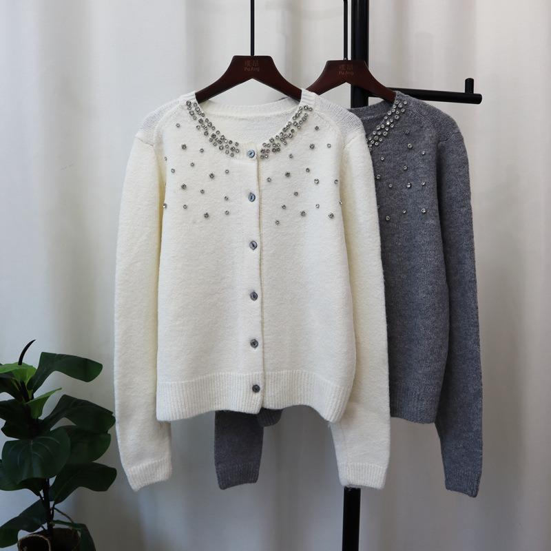 Heavy Industry Diamond-encrusted Design Sweater Jacket Autumn and Winter New Round Neck Temperament Single-breasted Knitted Cardigan Women