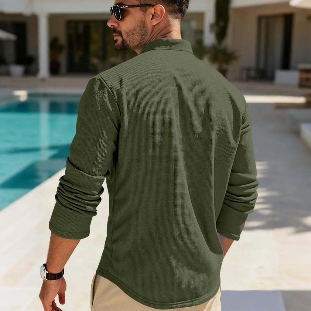 Mens Long Sleeve  Casual T-Shirts For Men Plaid Textured Top 4-Button Muscle Tee Baseball Golf