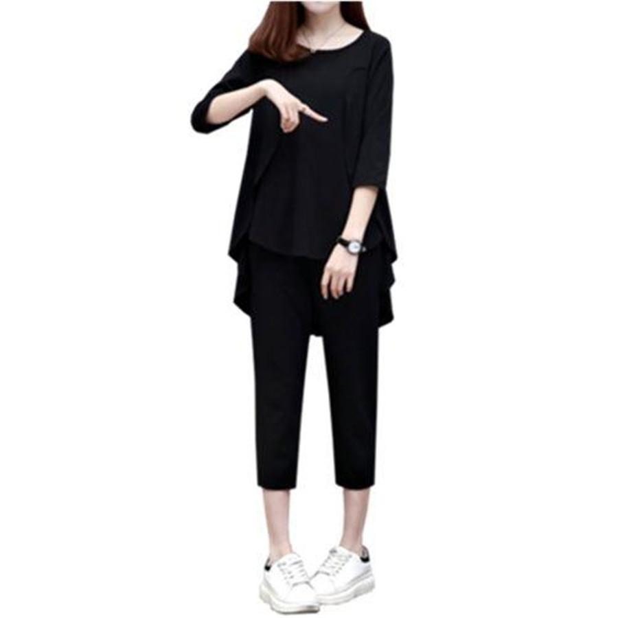 Damen Sommer Einfarbig Locker Lang Kurzarm Oberteil Übergröße Sportset Büroanzug Kurzarm + Hose 2-teiliges Set