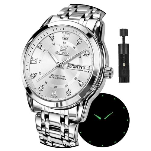 OLEVS Men's Silver Watch, Popular Quartz Movement, Calendar, Waterproof, Stainless Steel, Stylish Brand