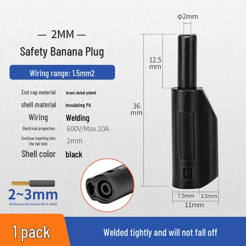 2mm Stacking Banana Plug with Brass Conductor & Insulated Sheath, 10A Terminal Connector чёрный