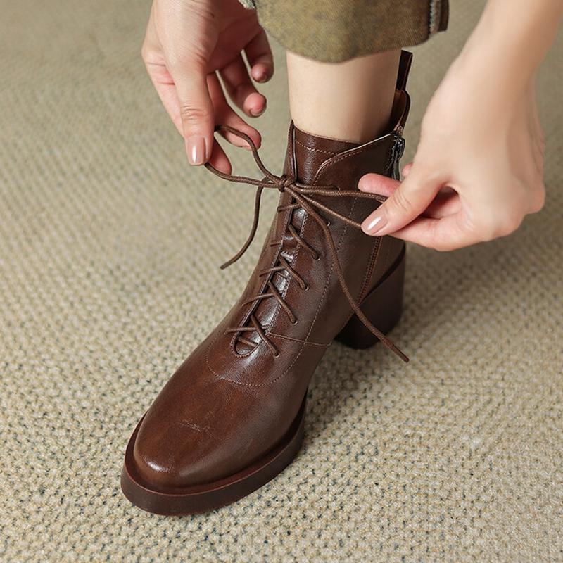 Fashion NEW Autumn/Winter Women Boots Round Toe Chunky Heel Shoes Split Leather Shoes for Women Lace-up Ankle Boots Zipper Modern Boots