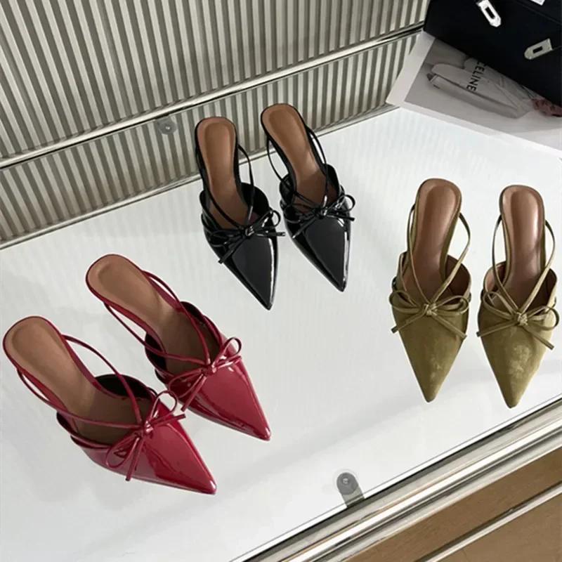 Luxury Designer Bow Decoration Women's Slippers Sexy Pointed Toe Low Heel Slide Sandals Summer Mules Loafers Sandalias De Mujer