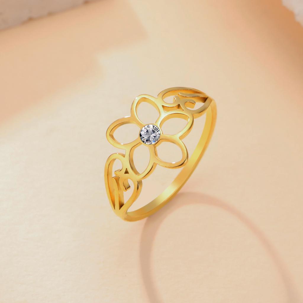 Bague Fleur en Acier Inoxydable Avec Zircon Transparent Bagues pour Femmes Alliance Bijoux Bohèmes Cadeau d'Anniversaire