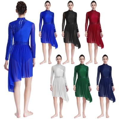 Women Sparkly Sequins Modern Lyrical Dance Dress Long Sleeve Irregular Hem Dresses Performance Costume