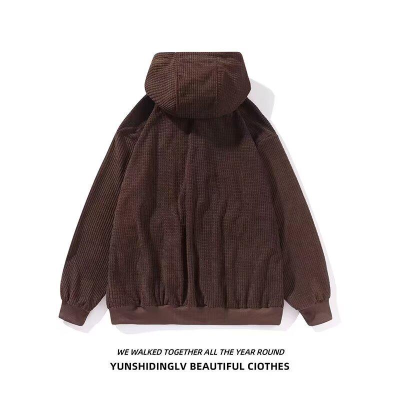 Men's Oversized Retro Waffle Knit Hooded Sweatshirt - Heavy-Weight Casual Jacket for Spring & Autumn by Trendy Brand