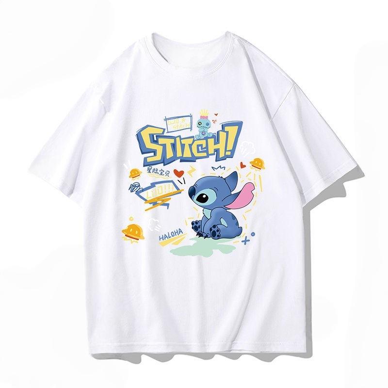 Summer Casual Stitch Fun Print Cotton Comfortable White T-shirt Adults Children Parent Child Couple Fashion Loose Sportswear