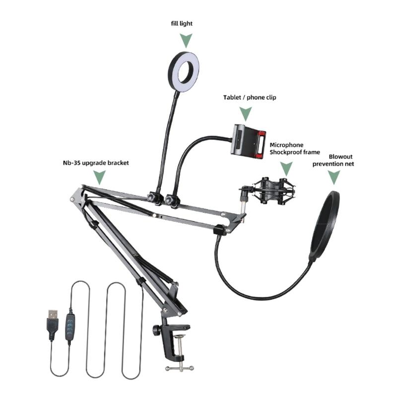 Portable Kits Microphone Desk Arm Stand Mount Smartphone Clip Mic Holder with Tripod Mic Arm 180 Degree Rotation