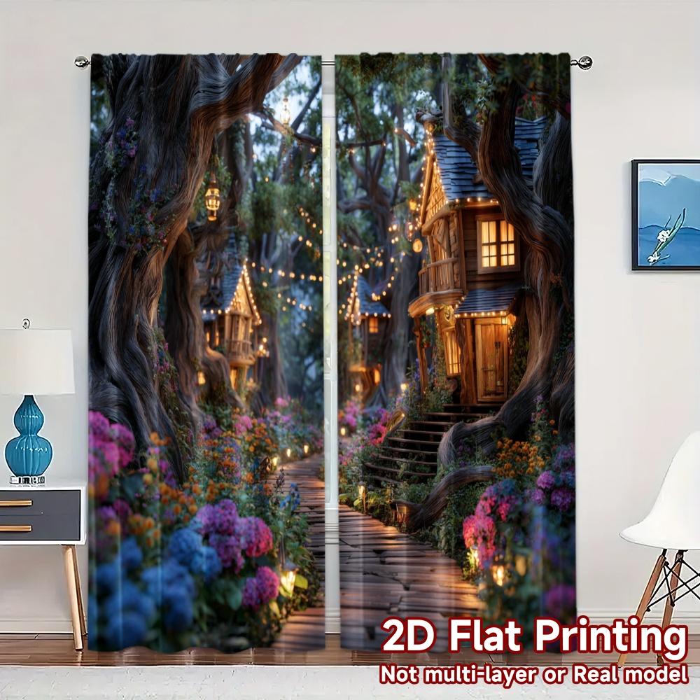 

2pcs 2D FLAT PRINTING Curtains (Without Rod) FairyTrail Chic Print Curtains Durable 100% Polyester Fabric Curtains Decorations 100*130 Grommet Top 1pcs