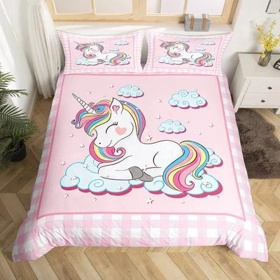 Cartoon Einhorn 2/3-teiliges Heim-Bettwäsche-Set Kinder Niedlicher Bettbezug Kissenbezug Zimmer Schlafzimmer Dekoration, Kinder Erwachsenengröße Luxus-Geschenke