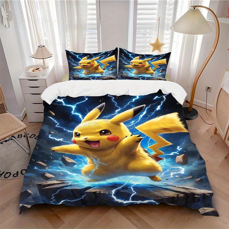 3pcs Pikachu Lightning Themed Quilt Set - Soft and Comfortable Bedroom, Guest Room and Dorm Decor Bedding Set 1 Quilt Cover + 2 Pillowcases.