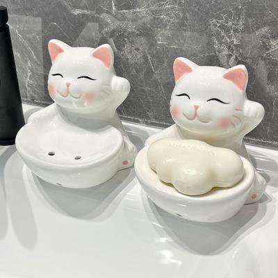 Sevimli Kedi Seramik Sabunluk Drenaj Ev Karikatür Banyo Banyo Sabunluk Sabunluk Seramik Raf Banyo Dekorasyon Aksesuarları