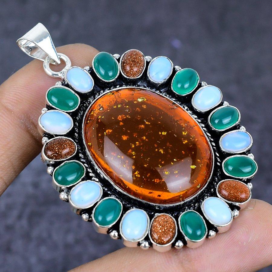 Prírodný baltský jantár Drahokam 925 Sterlingového striebra Šperk Prívesok 2,56" ETC-13803